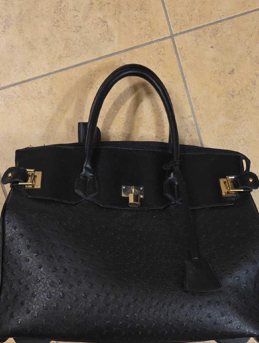Black Structured Satchel Handbag with Gold Hardware